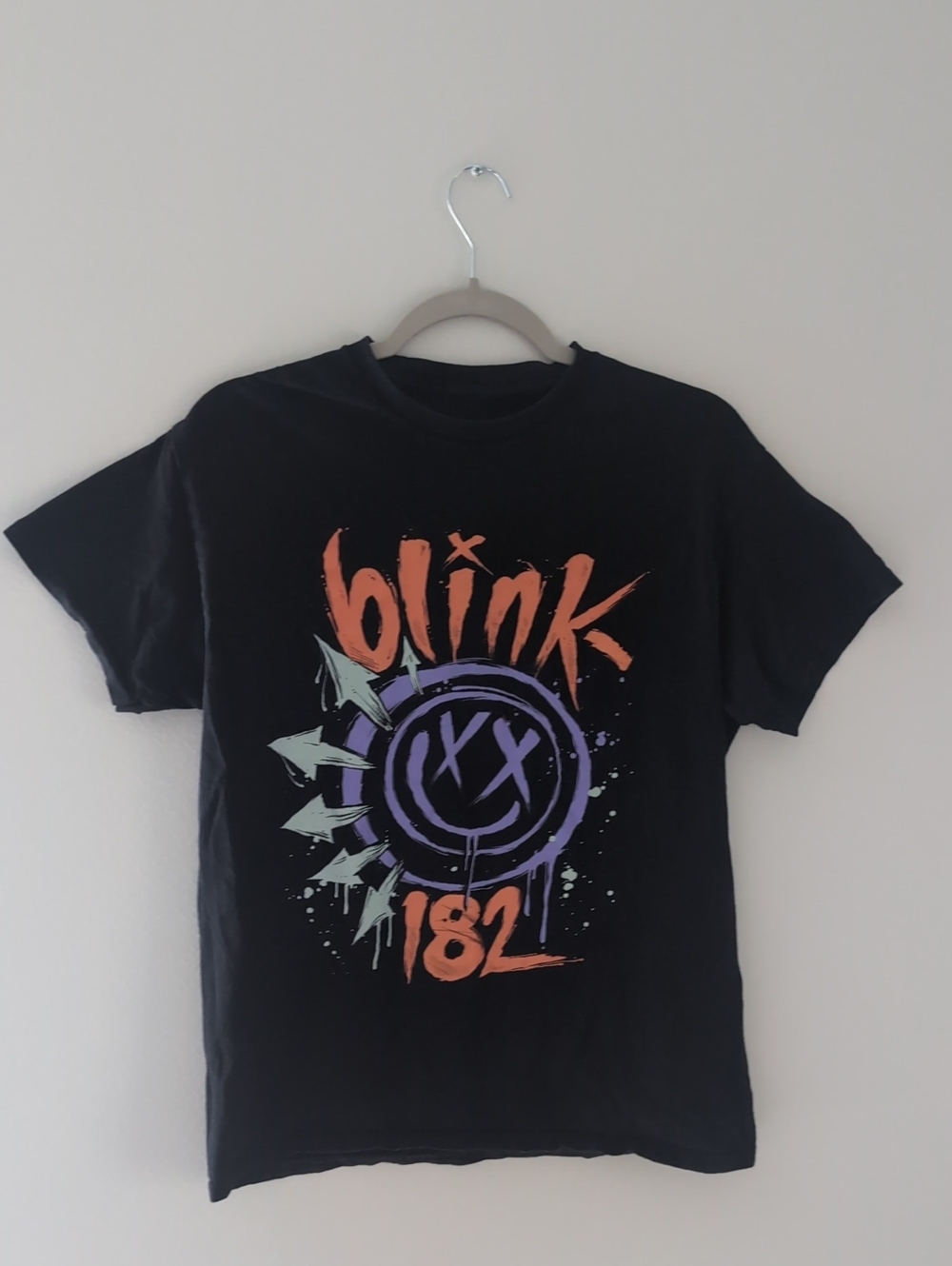 Black Short Sleeve Blink 182 Band Graphic Tee with Orange & Purple Print